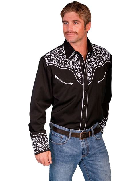 Scully Western Mens Black Polyester Ls Scroll Embroidered Western