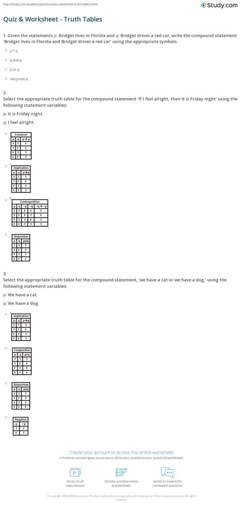 Truth Table Practice Worksheets With Answers Elcho Table