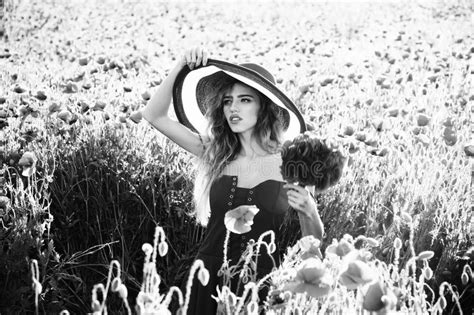 Pin Up Girl In Field Of Poppy Seed In Retro Hat Stock Image Image Of