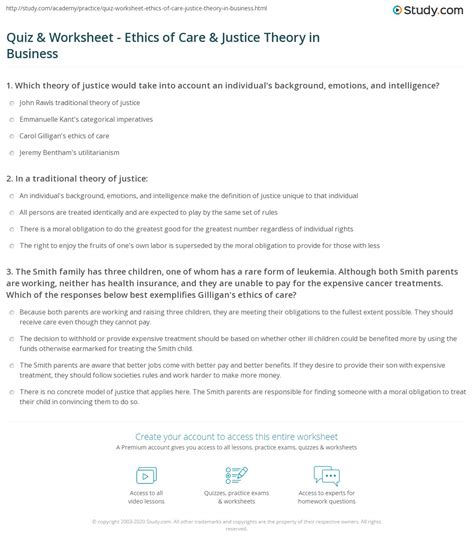 Quiz And Worksheet Ethics Of Care And Justice Theory In Business