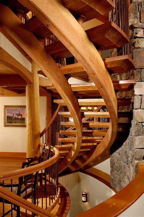 Dramatic Spiral Staircase In Wyoming Timberframe Home Staircase