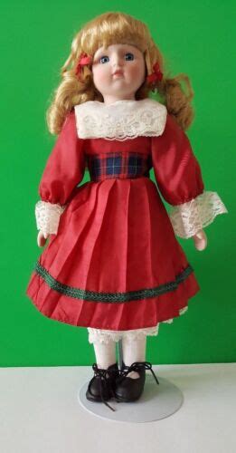 vintage porcelain beautiful doll blond hair w curls and braids w red dress and lace ebay