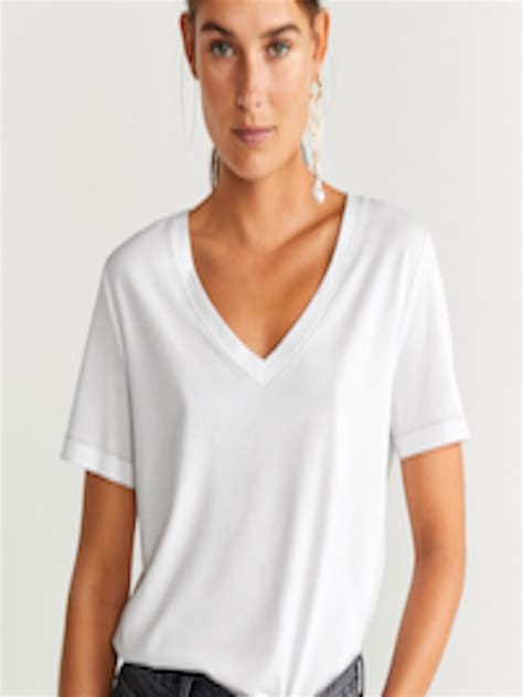 Buy Mango Women White Solid V Neck T Shirt Tshirts For Women 11072006
