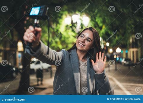 Female Vlogger Recording With Digital Camera Showing Hi Smiling Woman Taking Selfie Video On