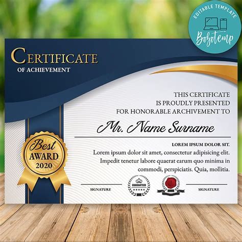 Customizable Certificate Of Achievement Template Instant Download