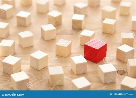 One Different Red Cube Block Among Wooden Blocks Individuality
