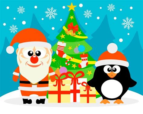 Cartão De Feliz Ano Novo Com Pinguim E Papai Noel Vetor Premium