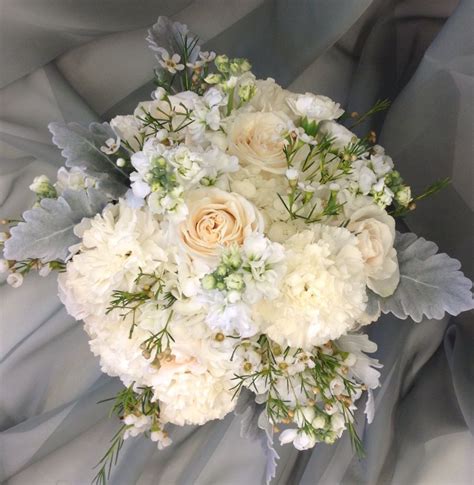 White Bridal Bouquet With Hydrangea Carnations Stock Roses And Wax