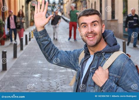 Cute Guy Saying Hi Outdoors Stock Photo Image Of Looking Friend
