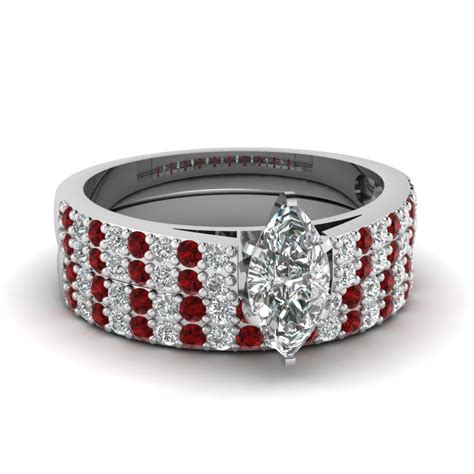 2 Row Marquise Cut Diamond Bridal Ring Set With Ruby In 14k White Gold