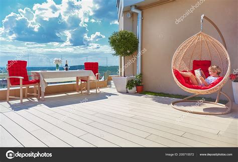 Young Boy Relaxing Hammock Modern Rooftop Patio Home