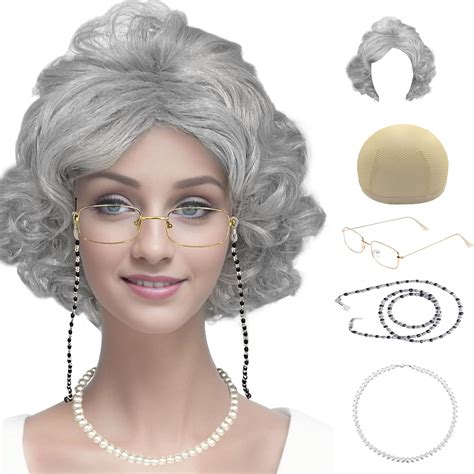 old lady costume set grandma wig granny wig cap madea granny glasses eyeglass chains