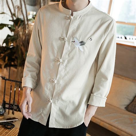 Sole Flying Crane Embroidery Frog Button Shirt Beige Chinese Shirts