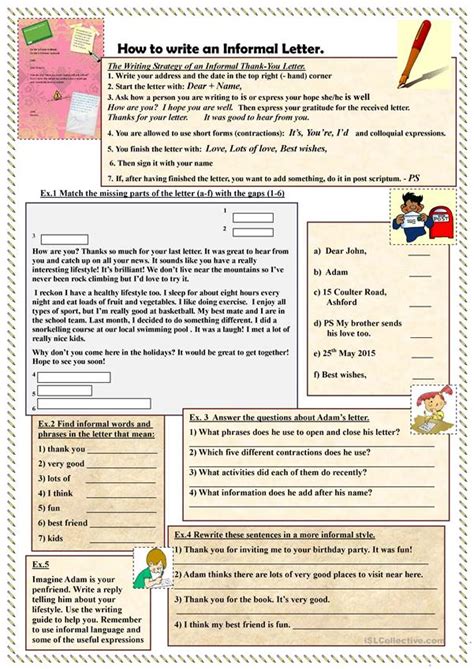 Comparing formal vs informal writing styles gives insight on which to use when. How to write an Informal Letter worksheet - Free ESL printable worksheets made by teachers