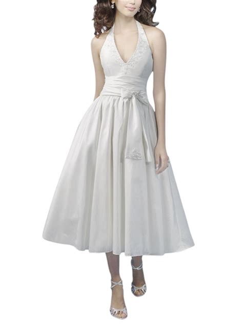 A Line Halter V Neck Tea Length With Detailed Embellishments This White Bridesmaid Dress