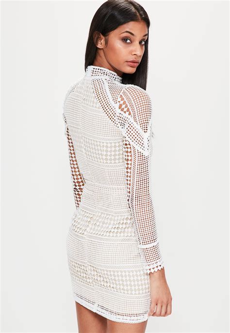 Lyst Missguided Premium Structured High Neck Lace Mini Dress White In
