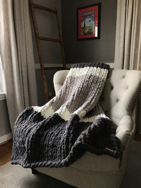 Chunky Knit Blanket Striped Blanket Neutral Blanket Gray Etsy