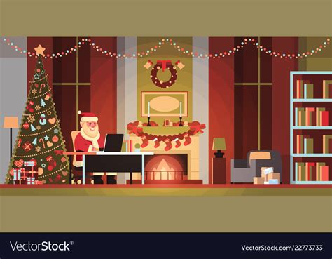 Santa Claus In Living Room Decorated For Christmas