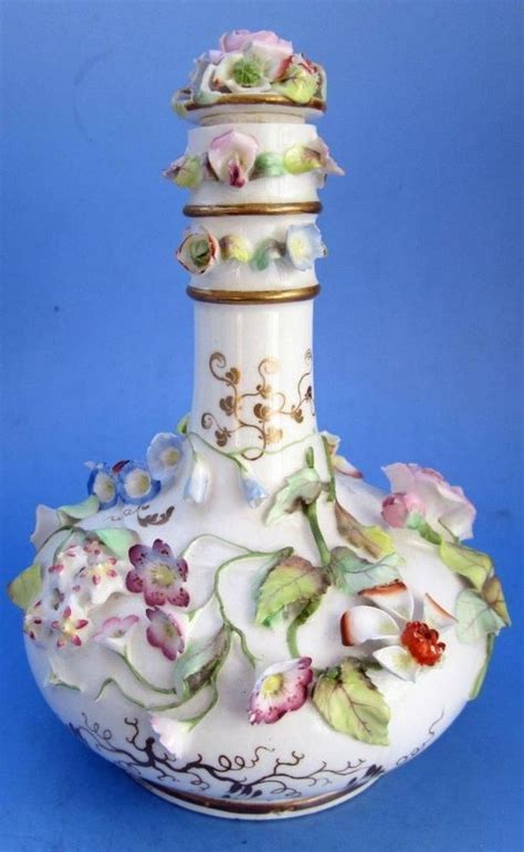 Beautiful Antique Flower Encrusted Porcelain Perfume Or Scent Bottle