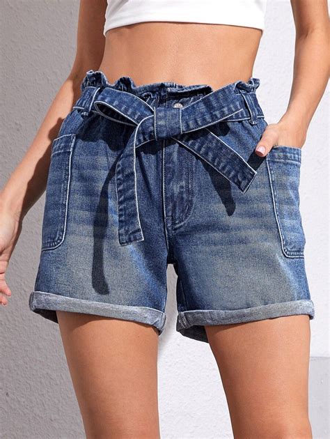 Paperbag Waist Belted Cuffed Denim Shorts Shein Usa Cuffed Denim