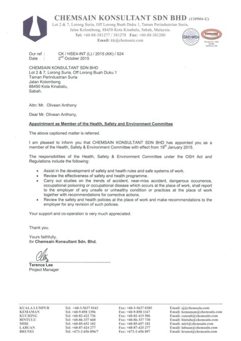 This is a confirmation that the person has been appointed for a particular job. Letter of Appointment Chemsain Konsultant Sdn. Bhd ...