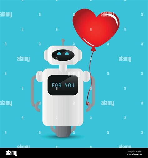Cute Robot Holding A Red Heart Shaped Balloon Vector Illustration Eps10