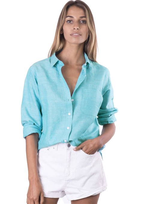 Iris Aqua Relaxed Linen Shirt Linen Shirts Women Striped Linen
