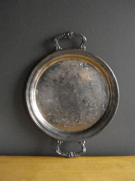 Round Silverplate Serving Tray Floral Handles Vintage Etsy Serving