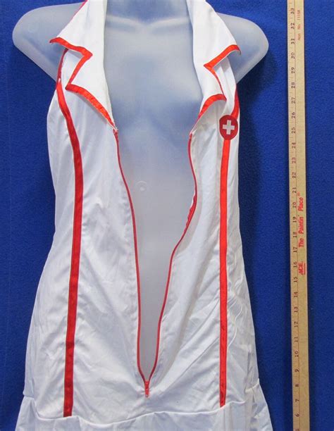 Sexy Naughty Nurse Womens Halloween Costume White Dress Tights Boot Cuffs Medium Ebay