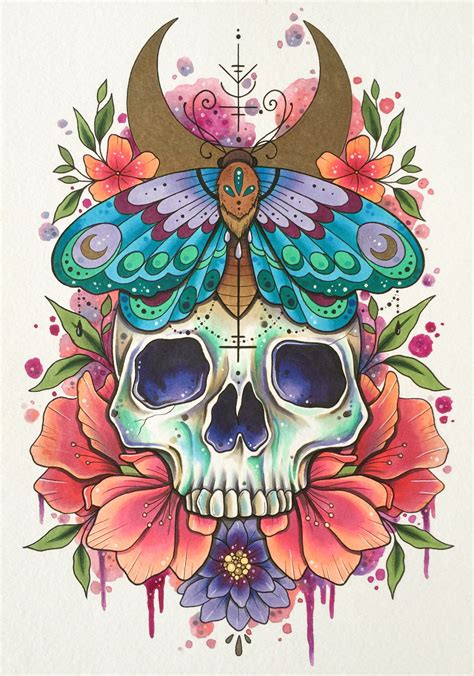Skull Tattoo Print Tattoo Design Day Of The Dead Art Watercolor