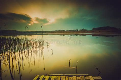 Vintage Photo Of Sunset Over Calm Lake Stock Image Image Of Dusk