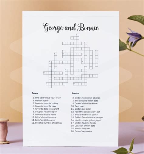 Custom Wedding Crossword Puzzle Bridal Shower Game Reception Game