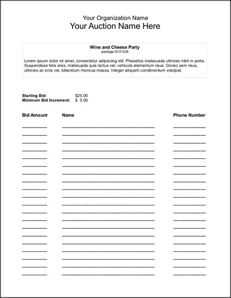 Bid Sheet Templates For Silent Auction In Word Excel Pdf Format