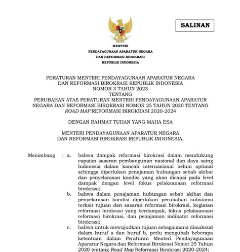Peraturan Menteri Pendayagunaan Aparatur Negara Dan Reformasi Birokrasi Republik Indonesia Nomor