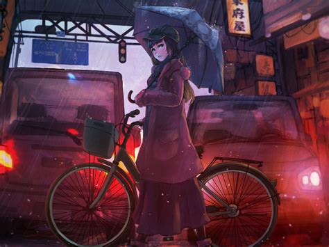 1024x768 Anime Girl Cyle Rain Umbrella Wallpaper1024x768 Resolution Hd