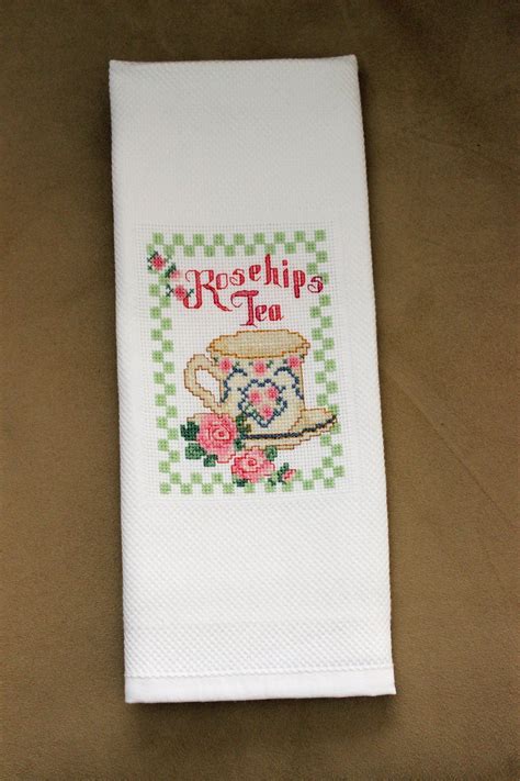 Cross Stitch Hand Stitched Towel Rosehips Tea Huck Towel Kitchen Towel