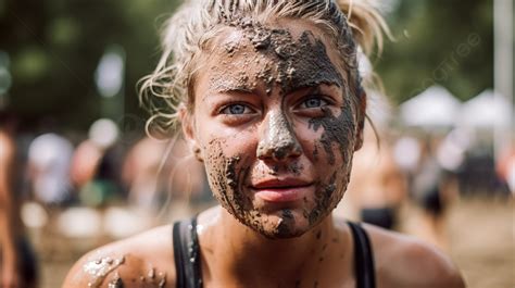 Young Woman In Mud With Her Face Covered In Mud Background Sweaty