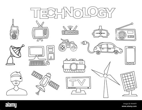 Technology Elements Hand Drawn Set Coloring Book Template Outline Doodle Elements Vector