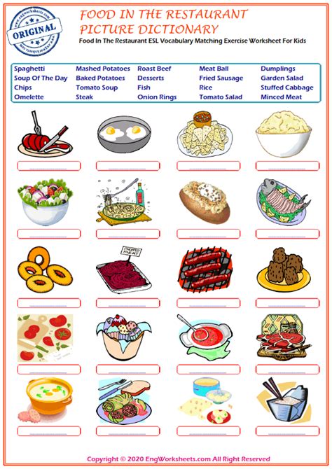 Food In The Restaurant Printable English Esl Vocabulary Worksheets