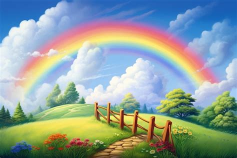 arco iris realista en la cima de una colina con una valla y nubes al estilo de fondos