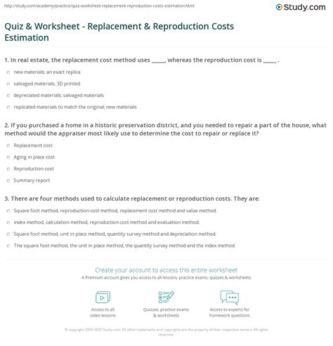 Quiz And Worksheet Replacement And Reproduction Costs Estimation