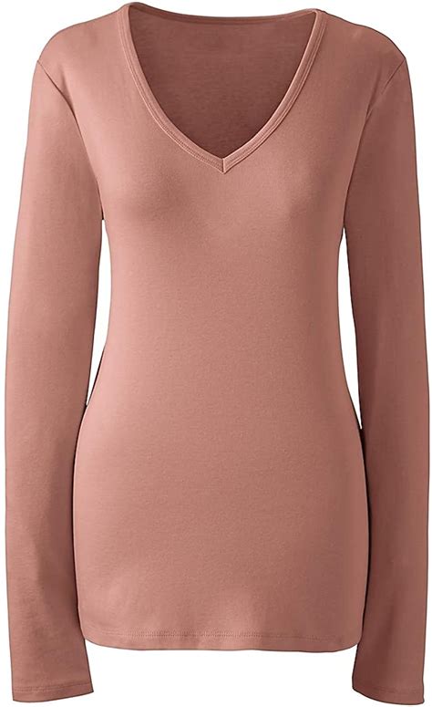 Lands End Womens Plus Size All Cotton Long Sleeve T Shirt Rib Knit V Neck 1x Cameo At Amazon