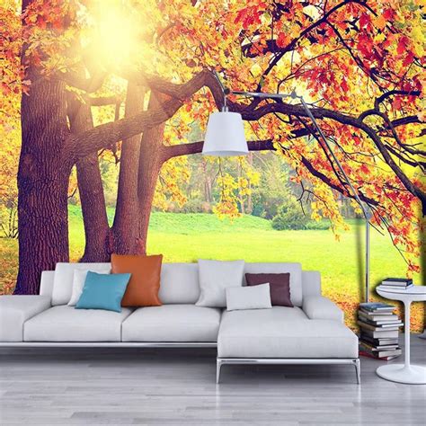 Custom Mural Wallpaper Mountain Forest Autumn Maple Leaves Bvm Home