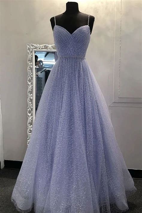 Blue Spaghetti Straps A Line Beading Sequins Long Prom Dress Okt43