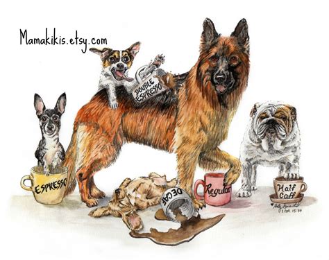 Coffee Shop Dogs Funny Coffee Cup Dog Watercolor Painting By Etsy