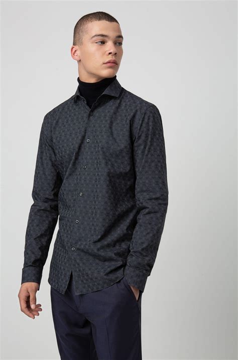 Hugo Cotton Extra Slim Fit Shirt With Tonal Jacquard Pattern In Dark