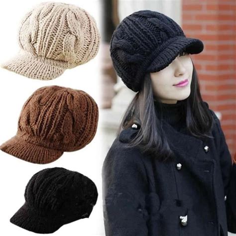Women Knitted Hats Brim Cap Lady Fall Winter Knitted Hat Girl Warm Brim