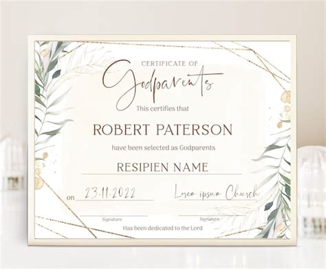 Godparents Baptism Certificate Editable Greenery Baptism Etsy