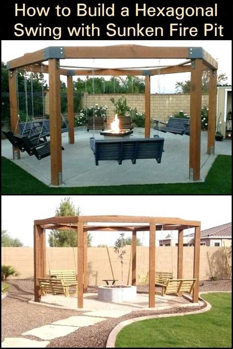 An Outdoor Fire Pit With Swings And Benches In The Back Yard And How