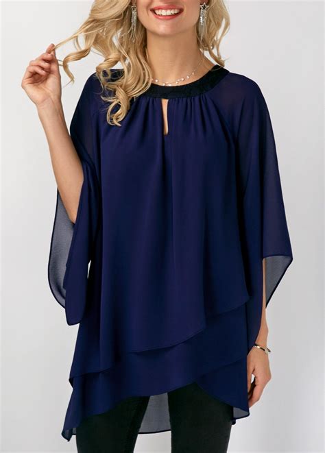 Keyhole Neckline Navy Blue Asymmetric Hem Blouse On Sale Only Us3111